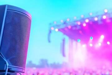 Close up detail of a modern sound system speaker at a lively Concert. Stage lights and the audience are blurry and out of focus behind the Speaker setup