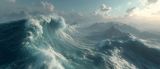 A large wave is crashing on a rocky shore, stock photo