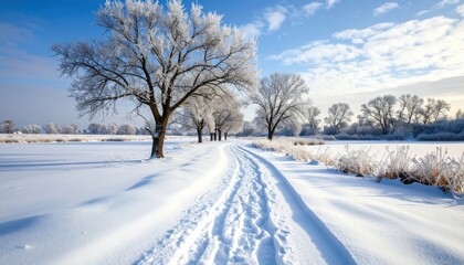 Fototapeta premium Serene Pathway Through Frozen River and Snow-Covered Plain