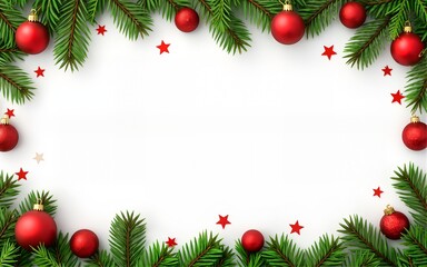 Festive holiday border with ornaments and pine branches. High quality