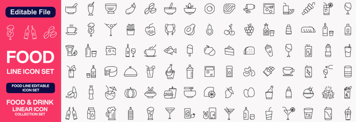 Food and drinks line icons big set. Fast food. Cooking ingredients. Allergen free. Coffee. Beverage healthy eating icon set outline pictograms. Isolated linear vector illustrations. Editable stroke
