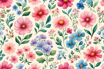 Watercolor Floral Pattern Delicate Pink, Blue Flowers and Green Leaves Seamless Design