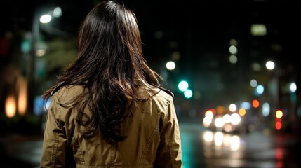 Fototapeta premium Woman with long hair standing on a city street at night, illuminated by streetlights and car headlights