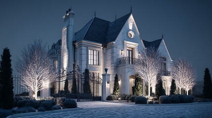 An opulent mansion illuminated by luxurious outdoor lighting, nestled within a gated estate with a midnight blue sky, evoking elegance and exclusivity.