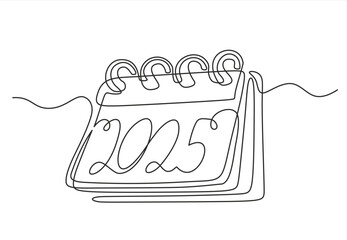 Loose-leaf calendar continuous line drawing. One line art of calendar 2025, memorable date, countdown, holiday, weekday and weekend. Hand drawn one line vector. Editable stroke	