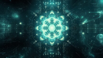 Abstract teal symmetrical design with glowing center and intricate patterns.