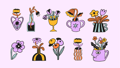 Cute hand drawn flowers, plant pots, houseplants and vases doodles set