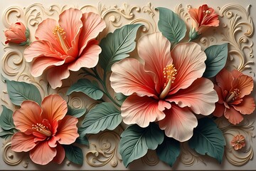 Elegant 3D Hibiscus Flower Artwork Peach and Cream Floral Design