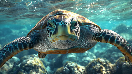 Fototapeta premium Close-up of a sea turtle swimming in clear turquoise water.