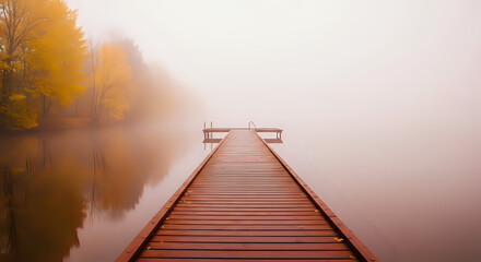 A wooden dock stretching into a misty lake with trees in the background on an overcast day