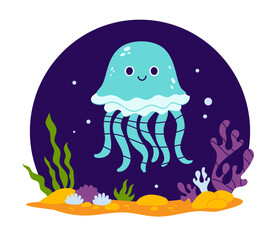 Cute Jellyfish character with algae and seabed on dark blue background. Vector illustration. Kids collection