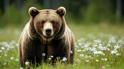 Fototapeta premium Brown bear amidst a field of wildflowers.
