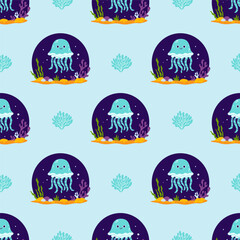 Underwater Seamless Pattern. Cute Sea Jellyfish with algae and seabed on light blue Background. Vector Illustration. Kids collection