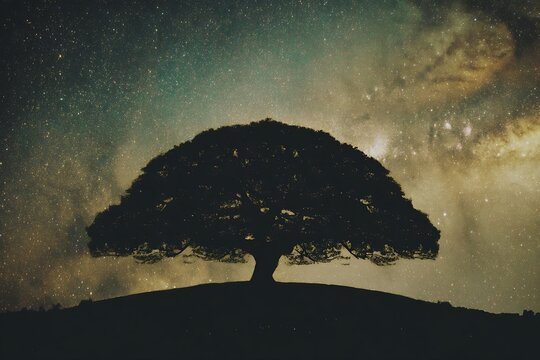 Tree silhouetted against vast starry night