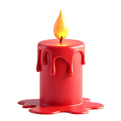 A red candle with melting wax and a bright burning flame glow isolated on white background