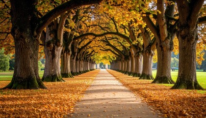 Obraz premium Grand Pathway Surrounded by Ancient Oak Trees in Autumn Leaves