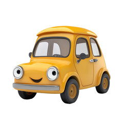Cute yellow cartoon car smiles as it stands alone against a white background, showcasing its playful design and friendly expression