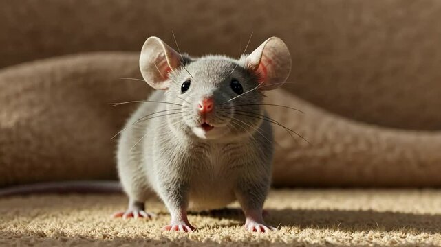 A curious grey mouse with large ears and an expressive face.