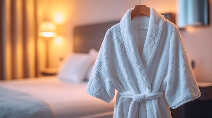 White robe hanging in a hotel room