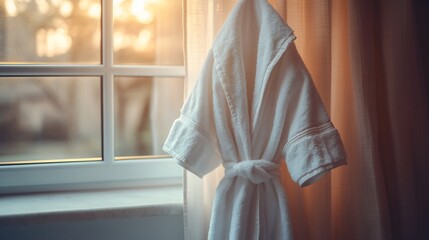 White robe hanging by window