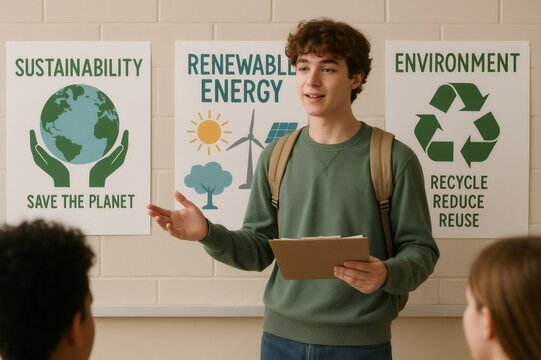 Young student presenting about environment, sustainability and renewable energy in front of his classmates - Powered by Adobe