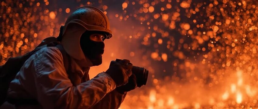 A scientist in a protective suit fearlessly takes notes on the details of an erupting volcano
