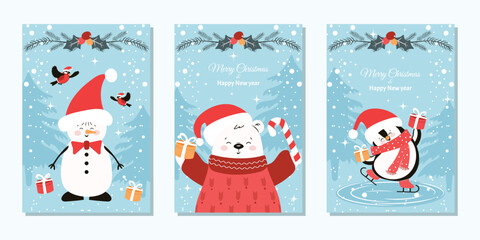 A set of winter greeting cards. Fashionable minimalistic design with a snowman, a polar bear, a penguin in Santa Claus hats and with gifts. Vector template for a poster, banner, or holiday cover.