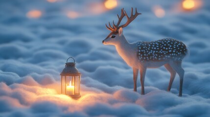 Winter deer and lantern in snow