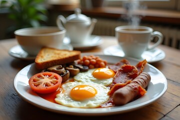 Delicious full english breakfast plate served with coffee and tea on a wooden table