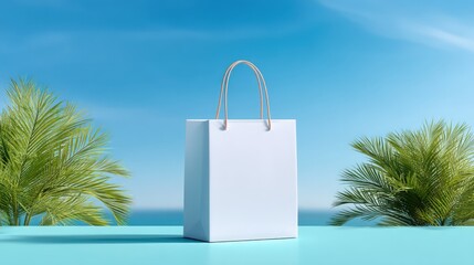 White Shopping Bag Mockup on Tropical Beach