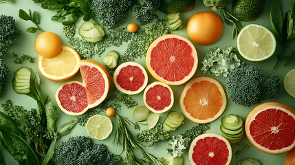 Colorful arrangement of fresh fruits and vegetables.