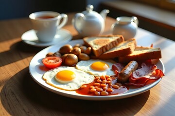 Full english breakfast served on a white plate with tea and freshly toasted bread
