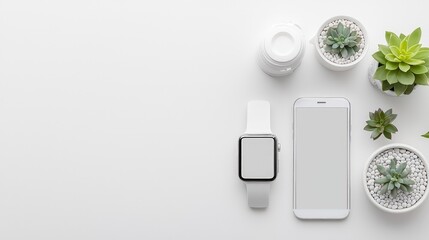 White Smartwatch and Smartphone Flat Lay with Succulents