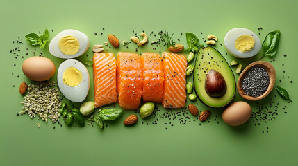 Assortment of healthy food ingredients laid out on a backdrop.