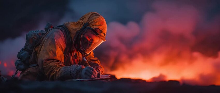 A scientist in a protective suit fearlessly takes notes on the details of an erupting volcano