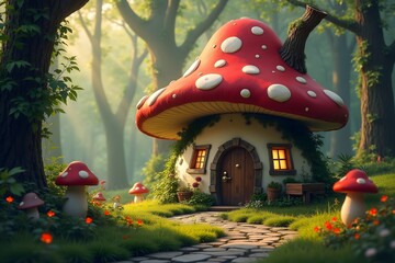 Enchanting mushroom house in a fairy tale forest with stone path and glowing windows