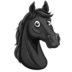 black horse head cartoon illustration with silly face, isolated on white background