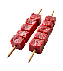 solo kobe beef cubes skewered for grilling on a white background, in a detailed style, with intricate lines, minimal shadow, bright light, high resolution