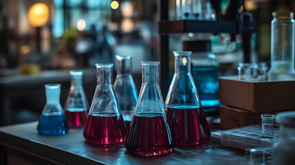 Colorful beakers filled with liquids in a laboratory setting.
