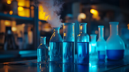 Laboratory glassware filled with a blue liquid.