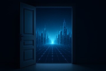 Futuristic Cityscape Beyond Open Doorway With Neon Light Glow