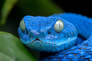 Close-up view of a vibrant blue venomous snake.