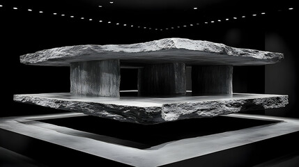 Monochrome, textured stone table, comprised of slabs and cylindrical legs, centered in a modern space under bright lighting