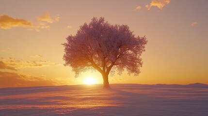 Winter sunset with frosted tree