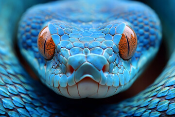 Close-up of a vibrant blue venomous snake.