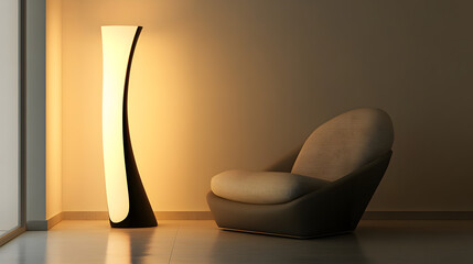 un sillon moderno individual junto a una lampara moderna innovadora y minimalista en un cuarto o habitacion iluminado elegante 