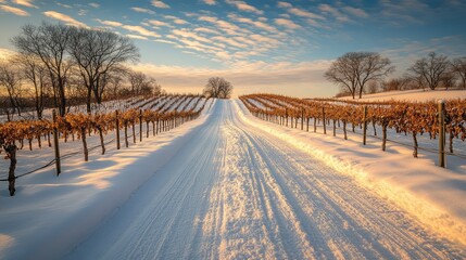 Winter vineyard road at dawn