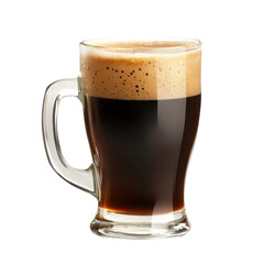 Craft beer served in a clear glass mug with a rich foam topping in a casual setting