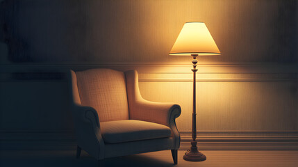 un sillon individual junto a una lampara de pie encendida iluminando la habitacion cuarto elegante moderno y minimalista