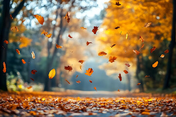Falling leaves in autumnal park scene.